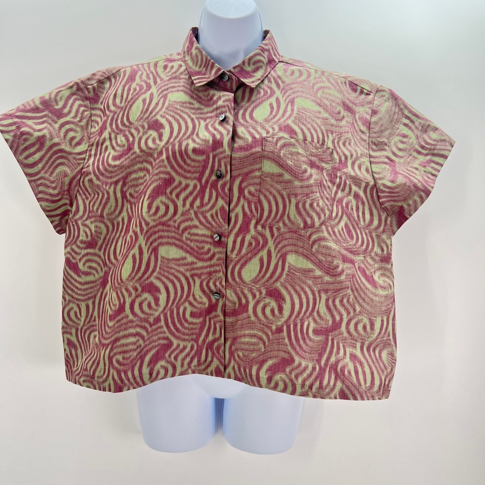 Nikki Chasin Pink Green Swirl Linen Blend Short Sleeve Boxy Button Up Top XL